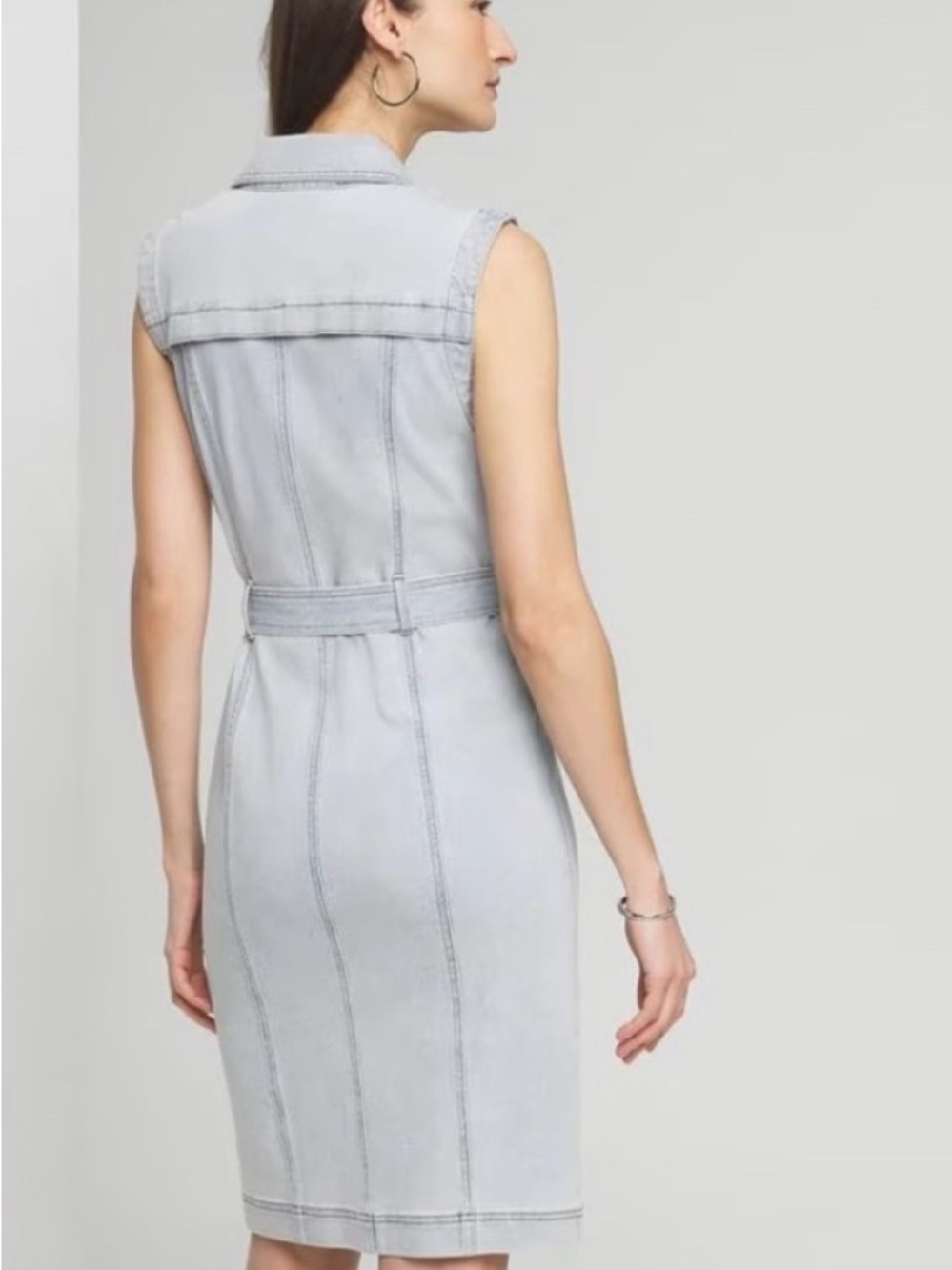 White House Black Market Sleeveless Light Wash Denim Midi Dress with Belt - Picture 2 of 9